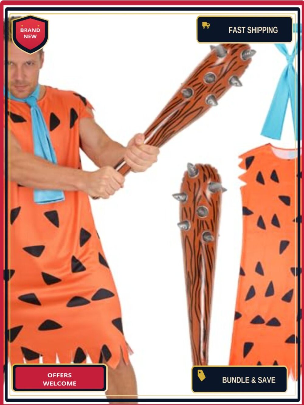 Mens Caveman Costume Set Milk Silk Tunic & Inflatable Club Halloween